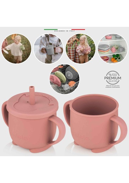 2in1 Silikon Bebek Alıştırma Bardağı Kulplu ve Pipetli Rose