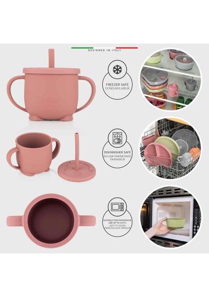 2in1 Silikon Bebek Alıştırma Bardağı Kulplu ve Pipetli Rose
