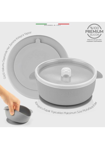 Vakumlu ve Kapaklı Silikon Bebek Mama Kasesi Gri modelleri