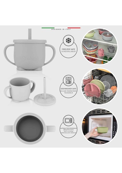 2in1 Silikon Bebek Alıştırma Bardağı Kulplu ve Pipetli Gri