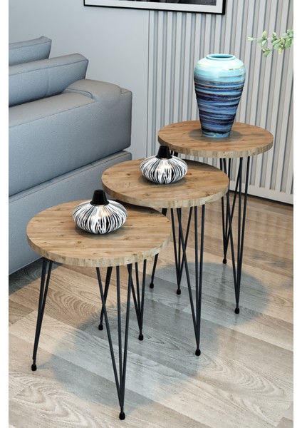 3'lü Zigon Sehpa Yuvarlak Model Zigon Sehpa Metal Tel Ayak