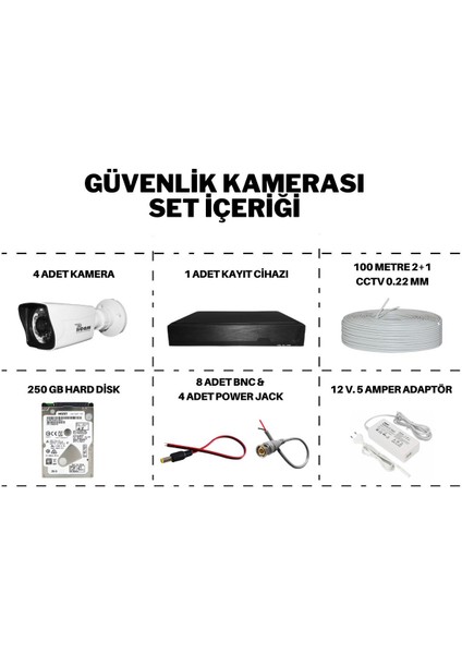 4 Kameralı Full Hd 1080P Kamera Seti 250GB Harddisk E05