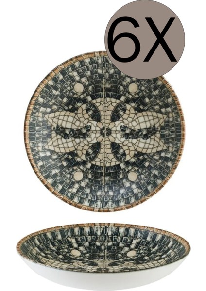 Porselen Mezopotamya Mozaik Siyah Bloom Çukur Tabak 23 cm 1000 cc 6'lı Takım S-MT-MZPMBBLM23C