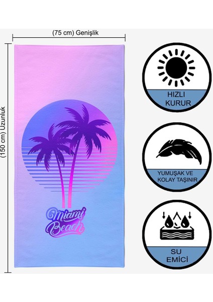 Mıamı Beach Dijital Baskılı 75X150 cm Plaj Havlusu