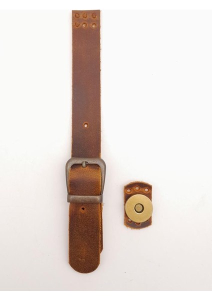 18X2 cm Crazy Oil Hardal Sarı Deri Tokalı Çanta Kapağı Antik Metalli