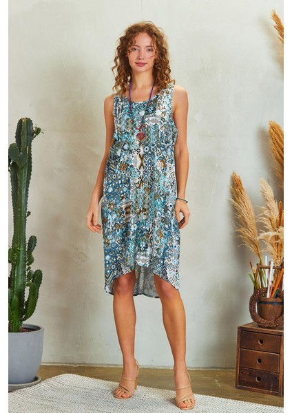 Kuş Gözü Sırt Detay Midi Patch Desenli Günlük Elbise