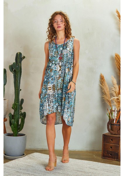 Kuş Gözü Sırt Detay Midi Patch Desenli Günlük Elbise modelleri