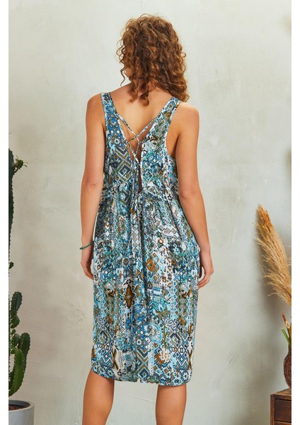 Kuş Gözü Sırt Detay Midi Patch Desenli Günlük Elbise fırsatları