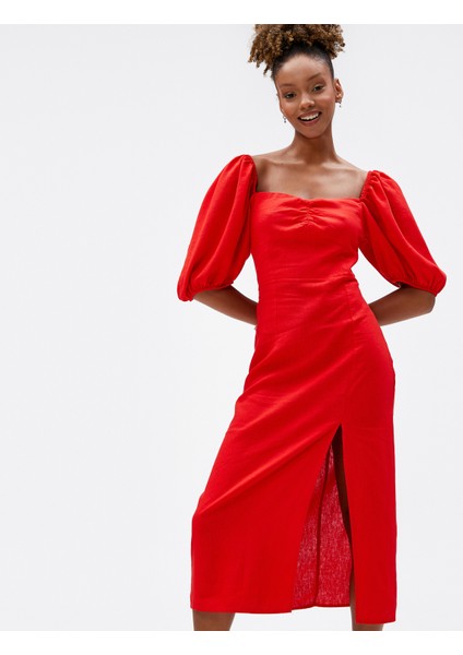 Midi Elbise Keten Viskon Karışımlı Balon Kollu Yırtmaçlı fiyatları