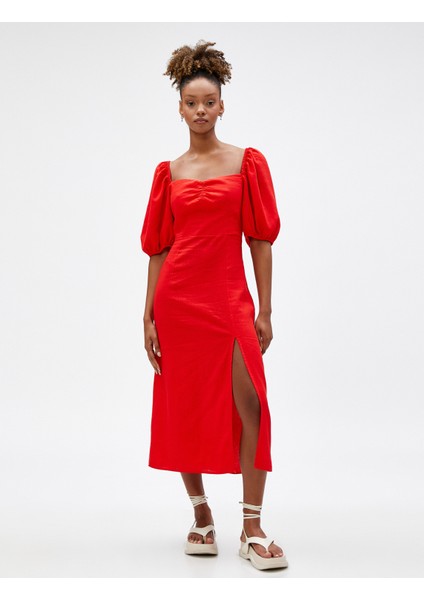 Midi Elbise Keten Viskon Karışımlı Balon Kollu Yırtmaçlı modelleri