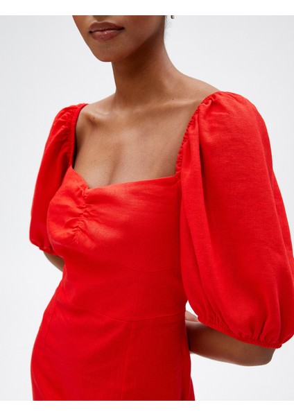 Midi Elbise Keten Viskon Karışımlı Balon Kollu Yırtmaçlı indirimleri