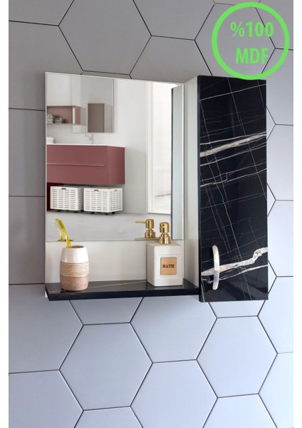 Aynalı Raflı Banyo Dolabı 60 cm Mdf Sonata Siyah-Beyaz