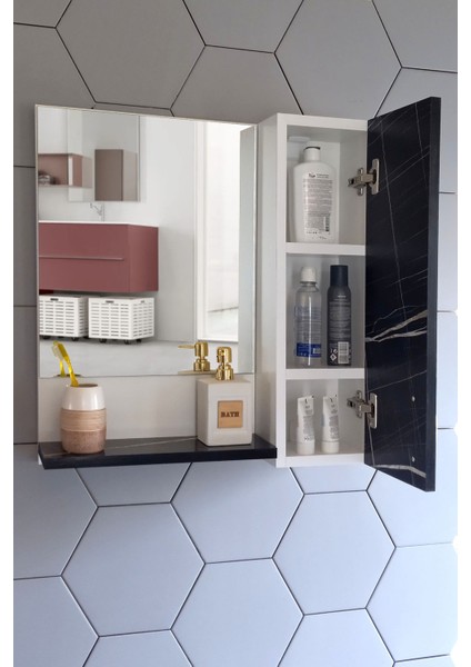 Aynalı Raflı Banyo Dolabı 60 cm Mdf Sonata Siyah-Beyaz