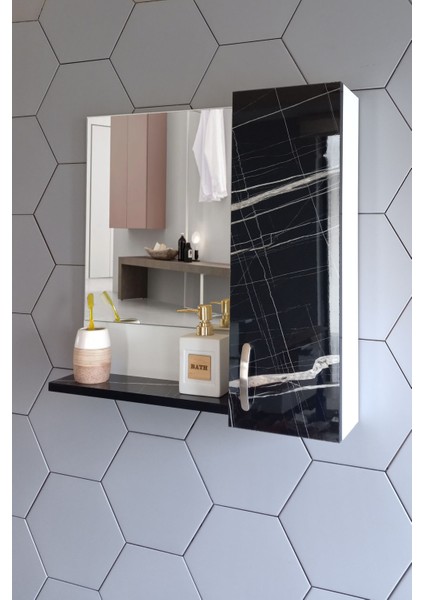 Aynalı Raflı Banyo Dolabı 60 cm Mdf Sonata Siyah-Beyaz