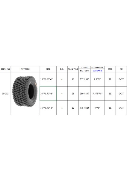 16X6.50-8 R002 Atv -Golf-Bahçe-Sılaj-Çim Lastiği