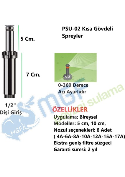 Mgf Plast 5 Adet x Hunter Çim Sulama Kısa Gövde Psu-02(7cm) Sprey Fıskiye Ayarlı Nozul DAHIL(0°-360°) + Ek Parçaları