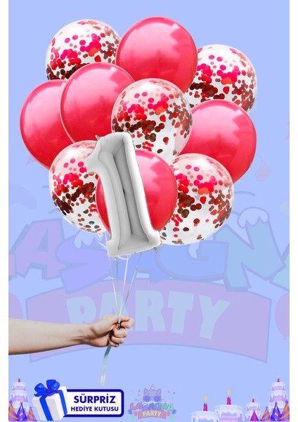 1 Harf Rakam 40INÇ Gümüş Folyo Balon ve Kırmızı Konfetili Balon Seti