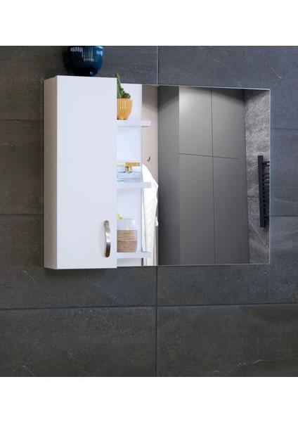 Aynalı Raflı Banyo Dolabı Mdf 80 cm Üst Modül Mat Beyaz modelleri