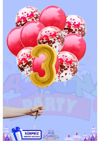 3 Harf Rakam 40INÇ Gold Folyo Balon ve Kırmızı Konfetili Balon Seti