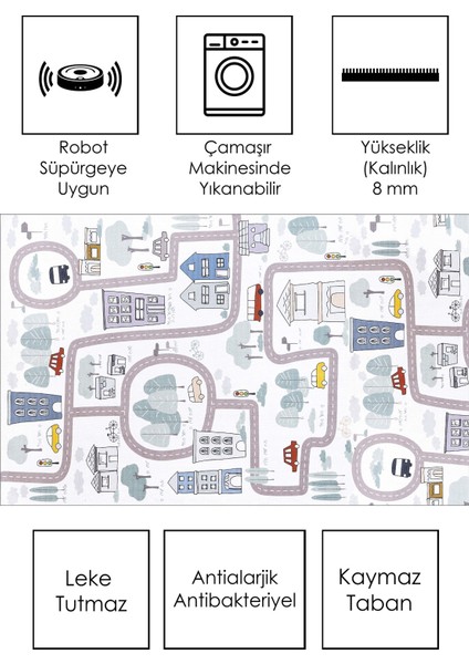 West Home Makinede Yıkanabilir Kaymaz Taban Leke Tutmaz Antialarjik Çocuk Odası Halısı Oyun Matı