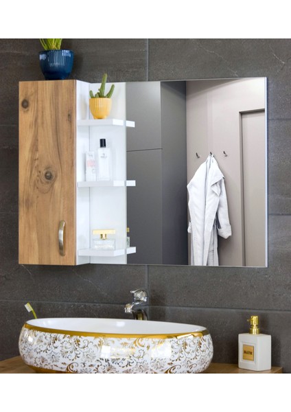 Aynalı Raflı Banyo Dolabı 80 cm Üst Modül