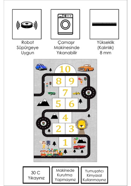 West Home Makinede Yıkanabilir Kaymaz Taban Leke Tutmaz Antialarjik Yol Desenli Çocuk Odası Halısı Oyun Matı