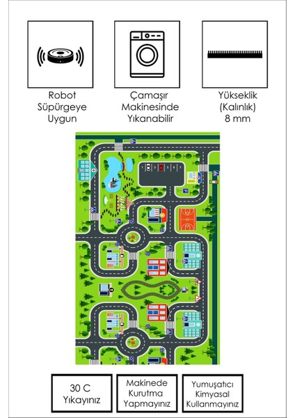 Makinede Yıkanabilir Kaymaz Taban Leke Tutmaz Antialarjik Yol Desenli Çocuk Odası Halısı Oyun Matı