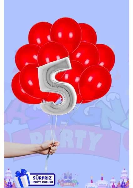 5 Harf Rakam 40INÇ Gümüş Folyo Balon ve Metalik Kırmızı Balon Seti