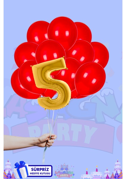 5 Harf Rakam 40INÇ Gold Folyo Balon ve Metalik Kırmızı Balon Seti