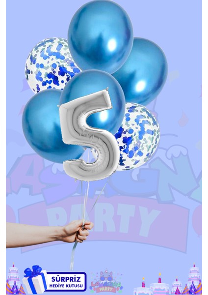 5 Harf Rakam 40INÇ Gümüş Folyo Balon ve Mavi Konfetili Balon Seti