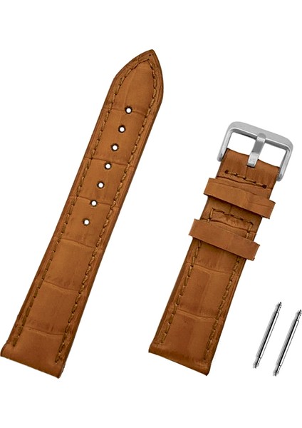 20MM Açık Kahverengi Taba Dikişli Kroko Deri Saat Kordonu Kayış