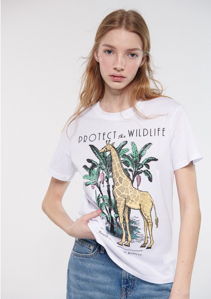 Kadın Wildlife Baskılı Beyaz Tişört 1610618-620