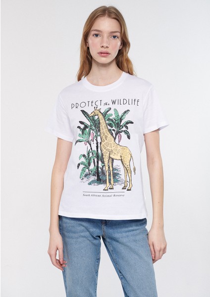 Kadın Wildlife Baskılı Beyaz Tişört 1610618-620 modelleri
