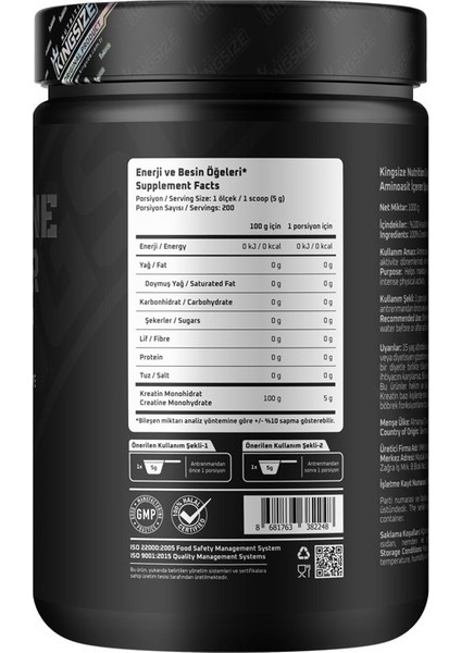 Kingsize Nutrition Creatine Powder 1000 gr Aromasız