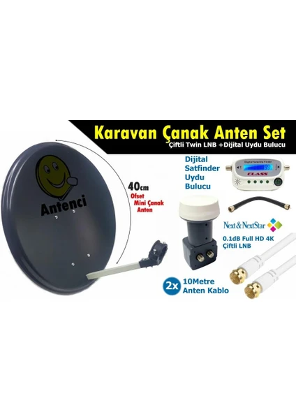 40CM Karavan Çanak Anten Seti Next Çiftli Lnb +Digital Uydu Bulucu