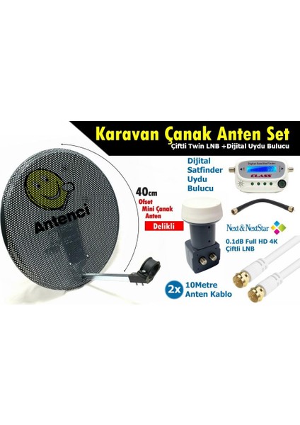 40CM Delikli Karavan Çanak Anten Seti Çiftli Lnb +Digital Uydu Bulucu