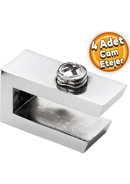 Cam Tutucu Ahşap Raf Tutucu Cam Etejeri Metal U Tipi Krom Metal Vidalı (4 Adet)