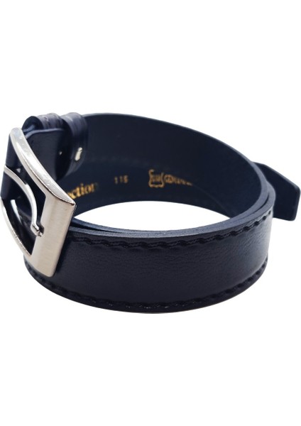 Klasik Lacivert Hakiki Deri, Dikiş Desenli, 3,8 cm Gümüş Tokalı, Erkek Deri Kemer