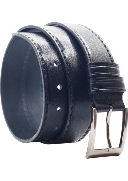 Klasik Lacivert Hakiki Deri, Dikiş Desenli, 3,8 cm Gümüş Tokalı, Erkek Deri Kemer modelleri
