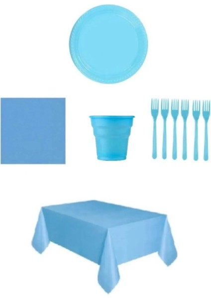 Mavi Renk Plastik Tabak Bardak Çatal Peçete ve Masa Örtüsü Seti