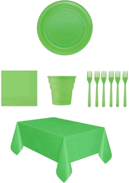 Yeşil Renk Plastik Tabak Bardak Çatal Peçete ve Masa Örtüsü Seti