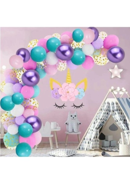 Unicorn Deniz Kızı Temalı Doğum Günü Konfetili Balon Zinciri Süsleme Seti