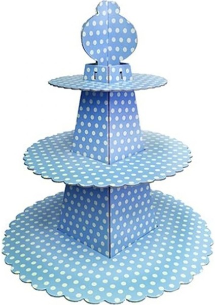 3 Katlı Cupcake Standı Piramit Modeli Mavi Puantiyeli