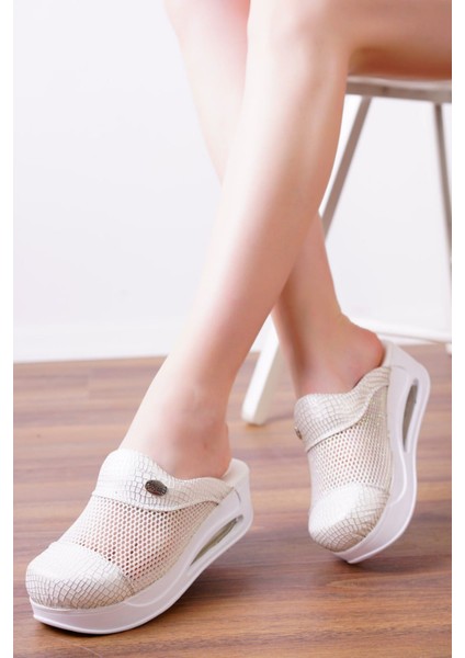 Tasarım Fileli Beyaz Simli Air Max Kadın Ortopedik Ve Anatomik Doktor,Hemşire,Güzellik Merkezi Sabo Terlik