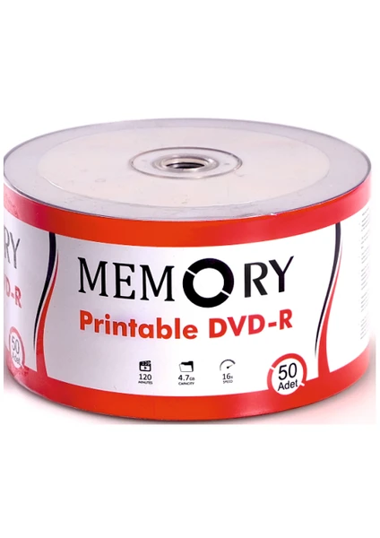 MEMORY Printable Dvd-R 16x 4.7 Gb 50 Li Adet Boş Printable Dvd pdvd