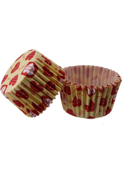 Kek Kalıbı Pet Kapsül 52X45 mm Kağıt Cupcake Kağıdı (100 Adet) Sarıya Kırmızı Kalpli Yazılı