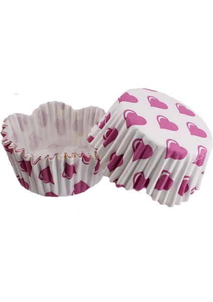 Cupcake Kalıbı Pet Kapsül Dalgalı Kek Kalıbı 65X38 mm (100 Adet) Beyaza Fuşya Kalpli
