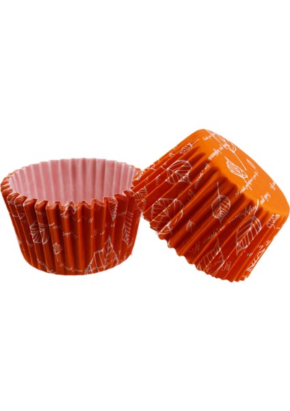 Cupcake Kalıbı Pet Kapsül Kek Kalıbı 48X34 mm (100 Adet) Turuncu Yaprak Desenli