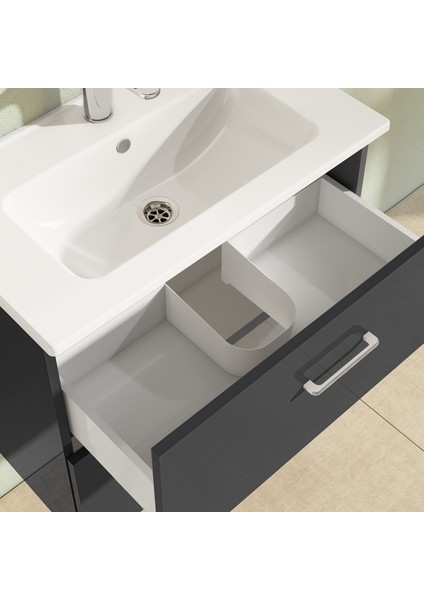 Ardea 67095 Banyo Dolabı Seti Çekmeceli, 70 cm, Parlak Antrasit