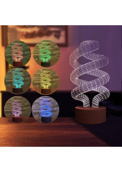İllüzyon (Spiral) Figürlü Dekoratif Hediye Led Masa Lambası | 7 Işık Rengi | Ahşap Taban